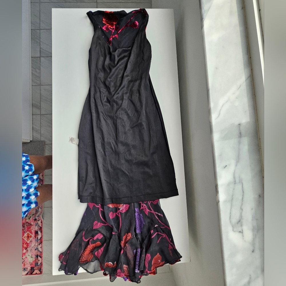 Betsey Johnson Vintage  Black Purple Red Orange Velvet Applique Ruffled Dress - Picture 9 of 16